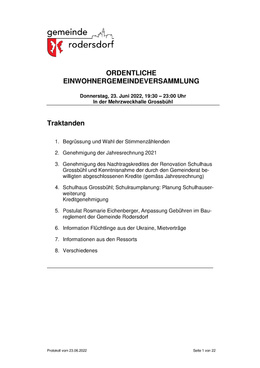 Protokoll Gemeindeversammlung 23.06.2022 Ordentliche Gemeindeversammlung vom 23. Juni 2022