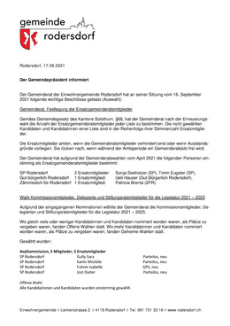 Der Gemeindepräsident informiert (16.09.2021) Beschluss des Gemeinderats: