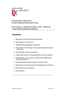 2022.12.08 Protokoll EGV Ordentliche Gemeindeversammlung vom 8. Dezember 2022