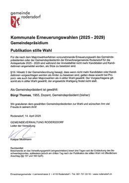 Gemeindepräsidium stille Wahl Stille Wahl Gemeindepräsidium