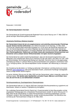 Der Gemeindepräsident informiert (17.03.2022) Beschlüsse des Gemeinderats: