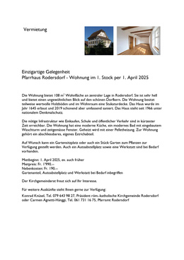 Vermietung Wohnung 1. Stock Pfarrhaus Rodersdorf - Wohnung