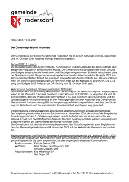 Der Gemeindepräsident informiert (30.09.2021 und 14.10.2021) Beschlüsse des Gemeinderats: