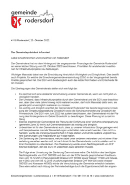Der Gemeindepräsident informiert (20.10.2022) Beschluss des Gemeinderats: