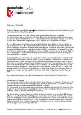 Der Gemeindepräsident informiert (10.02.2022) Beschlüsse des Gemeinderats