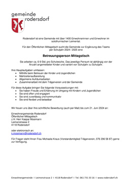 Inserat Betreuungsperson Mittagstisch 2024 Ausschreibung